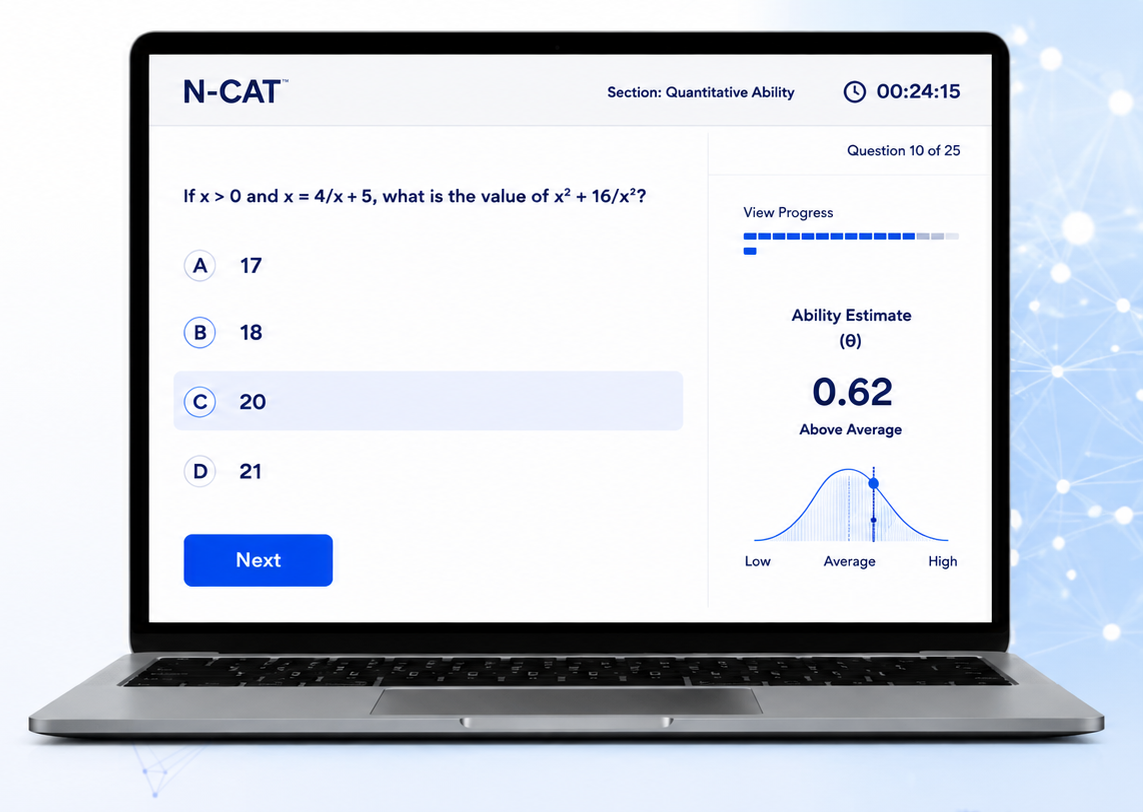 N-CAT adaptive test running on a laptop with live ability estimate