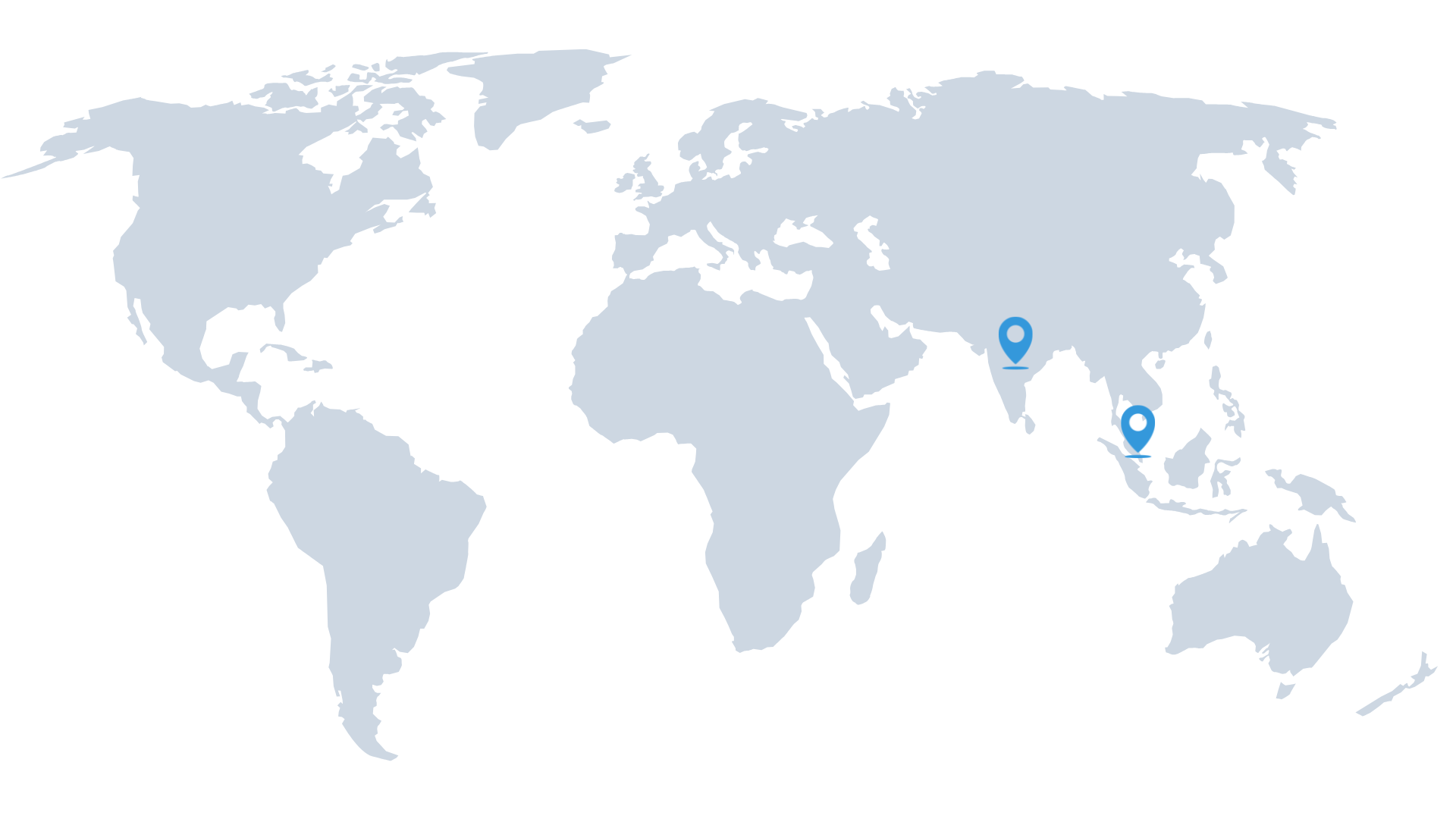 World map with pins marking ConveGenius Insights office locations in India and Singapore