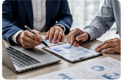 Advisors reviewing analytics on a tablet and laptop