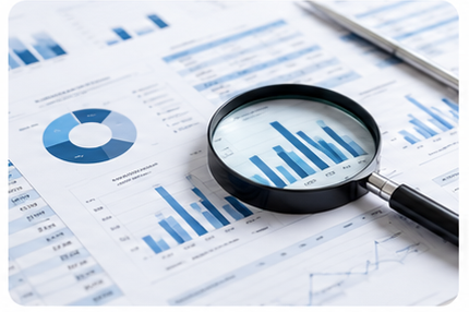 Charts and analysis reports under a magnifying glass